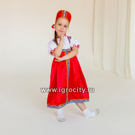 Русский народный костюм для девочки из креп - сатина ( сарафан, рубаха, кокошник), арт. 91101
